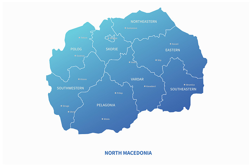 北马其顿地图。巴尔干半岛的北马其顿矢量地图