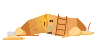 挖掘平面矢量插图。男研究考古遗址，男观察壁画。埃及壁画的发现。非洲的地洞。探险的卡通背景