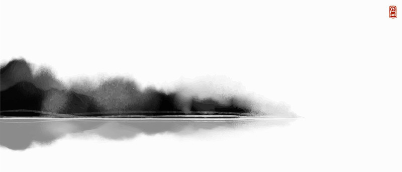 水墨画的雾岛与森林树木倒映在水中。传统东方水墨画梅花、梅花、梅花。简约干净的极简风格。