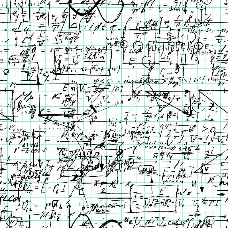 数学运算和等式的无缝模式，无尽的算术模式在无尽的抄写纸上。手写的教训。几何、数学、物理、电子工程等科