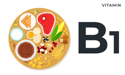 维生素B1概念健康营养平面设计矢量插图。木质砧板上含有维生素B1的产品。