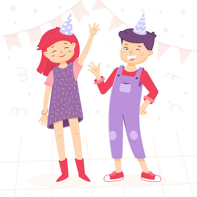 有女孩和男孩的派对贺卡。孩子们在挥手。欢迎参加聚会。生日邀请。卡通风格插图