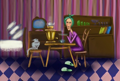 一个女人和一只猫喝茶