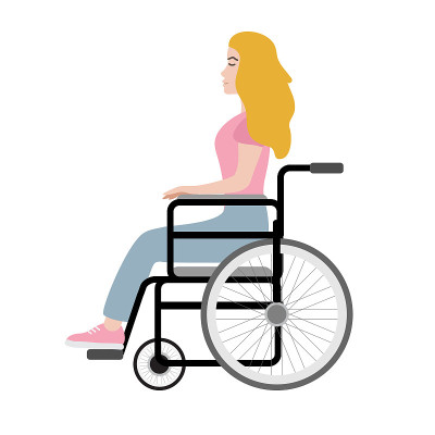 向量扁平的卡通女人女孩坐在残废的轮椅上