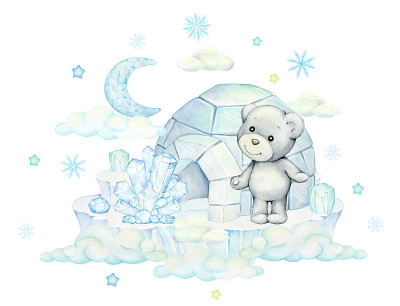 白熊站在冰和云的背景下。孤立背景上的水彩画概念。冬季手绘图画，卡通风格。