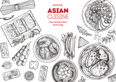 亚洲美食小品收藏。手绘矢量插图。美食菜单设计模板，刻字元素。食物组。