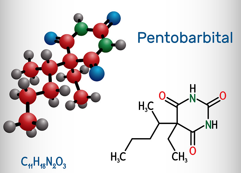 戊巴比妥,pentobarbitone分子。它是一种镇静、催眠剂。用于治疗短期失眠。结构化学式和分子