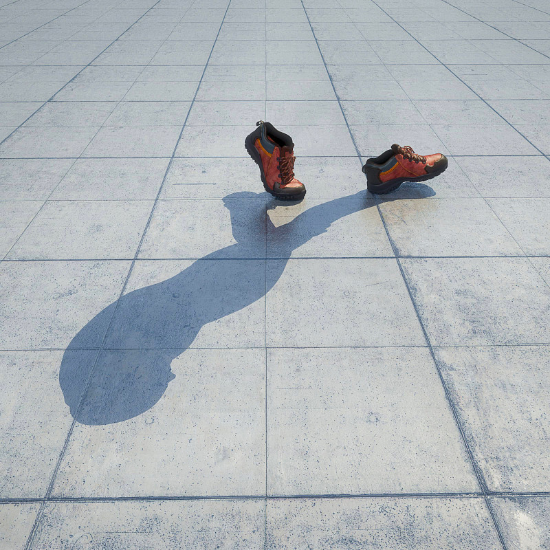 一双走路的鞋，创造出一个人的影子。这是一个3d渲染图..