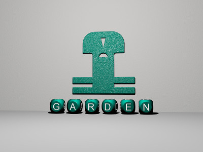 垂直的GARDEN三维图形图像，以及由金属立方体字母从顶部视角构建的文本，非常适合概念展示和幻灯片。