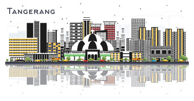 Tangerang印度尼西亚城市天际线与灰色建筑和反射孤立在白色。