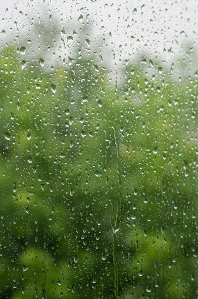 清晨的雨，水滴落在窗玻璃的背景上，复制空间