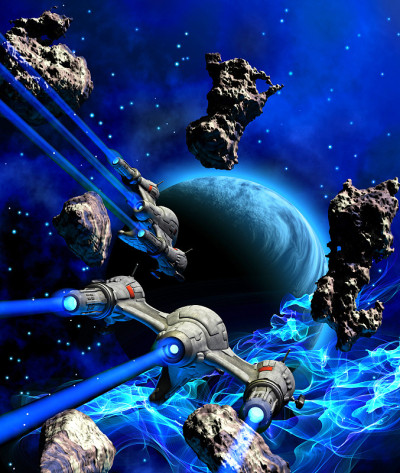 Spaceships flying to an alien planet inside a aste