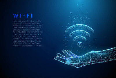 抽象的蓝色给予手与wi-fi符号