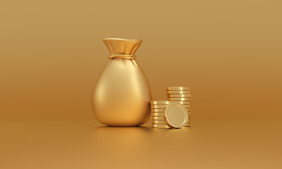 金钱袋袋和成堆的硬币孤立在黄金背景。钱储蓄的概念。最小的卡通设计。
