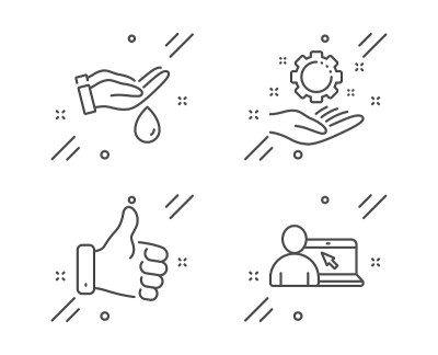 Wash hands, Like hand and Employee hand icons set.