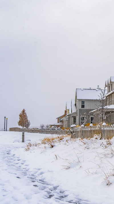 垂直冬天的天气，在黎明的雪地上踏着脚印走向房屋。