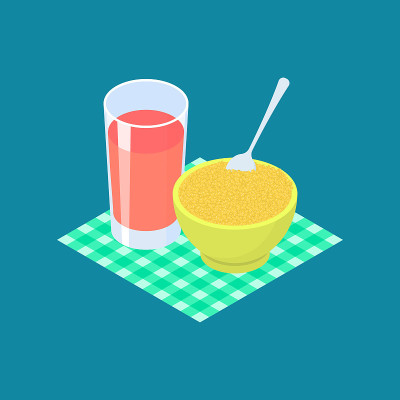 小米粥和果汁。早餐健康食品。矢量图