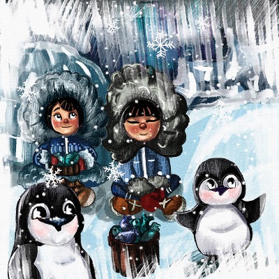 冬天的插图，在一个有美味鱼的雪房子里。