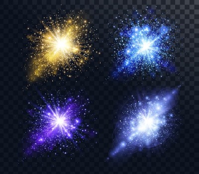 爆炸闪亮的粒子，闪光和发光的透明背景，矢量插图