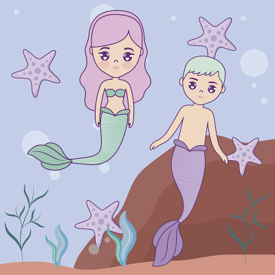 一对美人鱼在海里