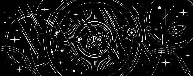 矢量抽象空间插图与星，行星和白色颜色线