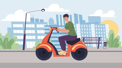 扁平的卡通人物骑滑板车，矢量插图概念