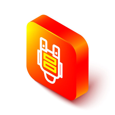 等距线防弹背心，以保护免受子弹图标隔离在白色背景。防弹衣的迹象。军事服装。橙色平方按钮。向量