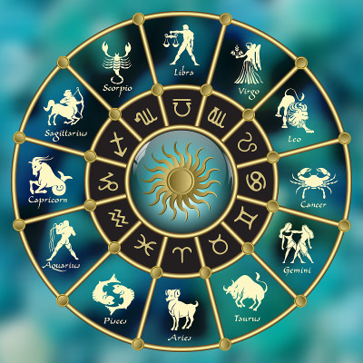 Gold-blue星座圆。圈出黄道十二宫。向量