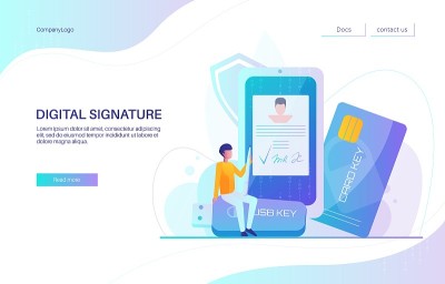 数字签名登陆页面设计，网站横幅矢量模板。商人在手机上签署电子文件
