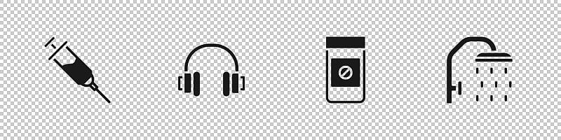 设置兴奋剂注射器，耳机，合成代谢药物和淋浴头图标。向量