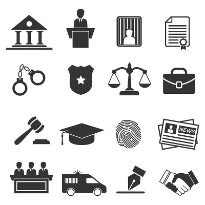 法律，法律和公正的图标设置矢量插图
