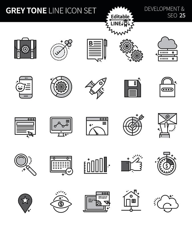 现代灰色调细线图标组的发展和seo。优质的轮廓符号集。简单的线性象形图包。可编辑线系列