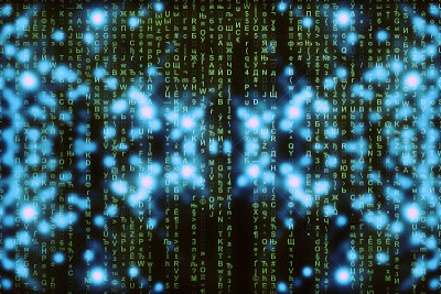 蓝绿色矩阵数字背景。抽象的网络空间的概念。绿色的人物倒下了。来自符号流的矩阵。虚拟现实设计。复杂的算