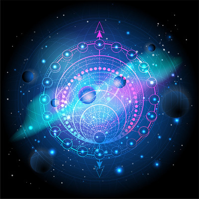矢量插图的神圣几何符号与星系和星星的空间背景。