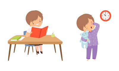 小男孩在桌子上看书和打哈欠穿着睡衣向量集