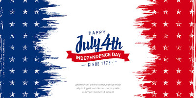 快乐的7月4日，独立日自1776年设计与丝带上的红和蓝垃圾，复古的美国背景与星星出售旗帜，折扣旗帜，