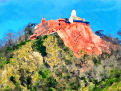 水彩风景。Mansa Devi殿。哈里德瓦尔是印度教的七个主要圣城之一。印度，北阿坎德邦。数字绘画。