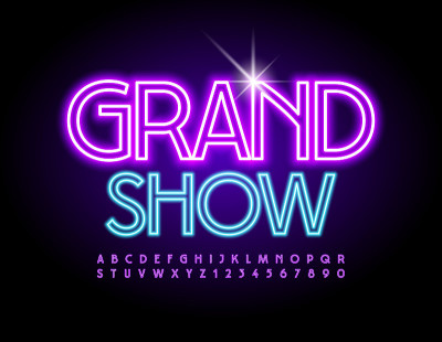 矢量霓虹飞行Grand Show。电灯字母和数字集