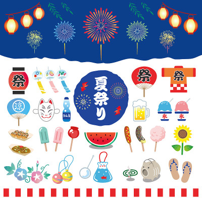 日本夏季节日向量图标插图。