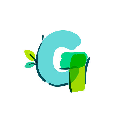 G字母标志与绿叶手写与毡尖笔。