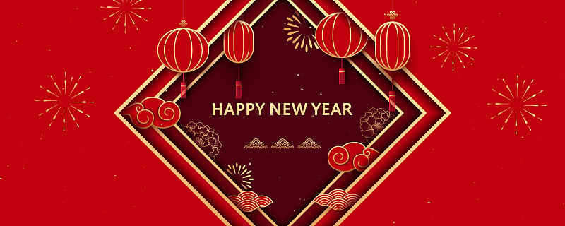 春联模板，农历新年传统元素矢量背景插图，红灯笼和祥云图案