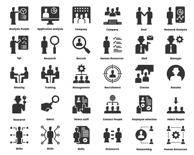 人力资源管理人员图标矢量插图，会议，团队合作，经理