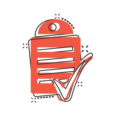 漫画风格的文档清单图标。报告在白色孤立背景上的卡通矢量插图。纸张飞溅效应的经营理念。
