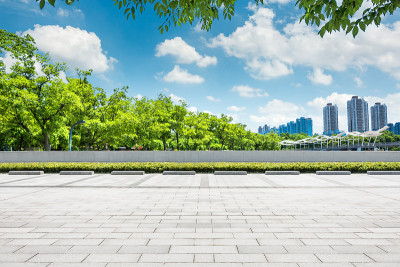 蓝天下的城市公园，以市区天际线为背景