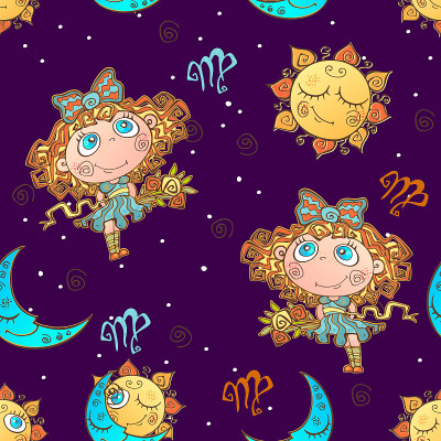 一个有趣的无缝模式的孩子。星座处女座。向量。