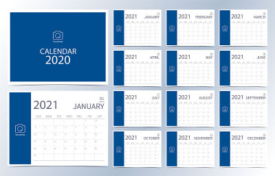 2020年业务日历。深蓝色月历可用于印刷图形和网站