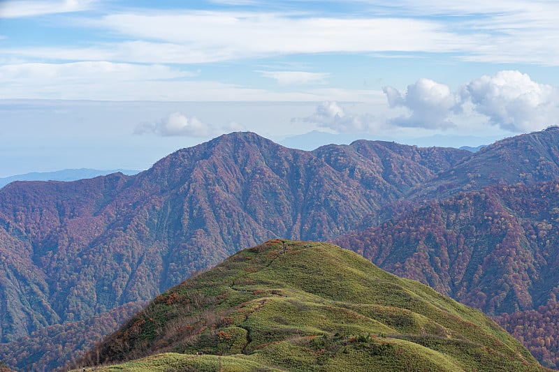 山在秋天的颜色。(日本-长野-阿玛扎里山)