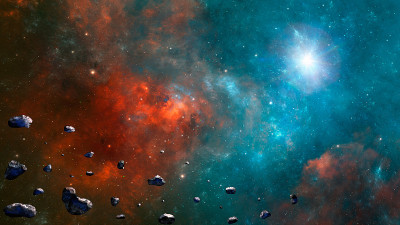 空间背景。五颜六色的分形星云与小行星。数字绘画