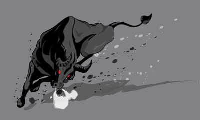An energetic bull with ink brush effect.