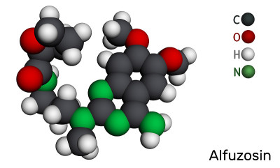 Alfuzosin分子。它是抗肿瘤药物，抗高血压药物，α -肾上腺素能拮抗剂。分子模型。三维渲染
